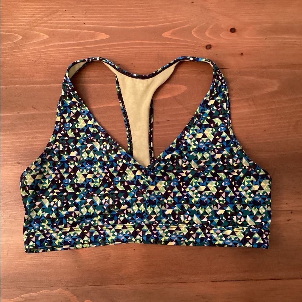 VICTORIA SPORT SZ LARGE BLUE GREEN GEOMETRIC PRINT CAGED RACERBACK SPORTS BRA